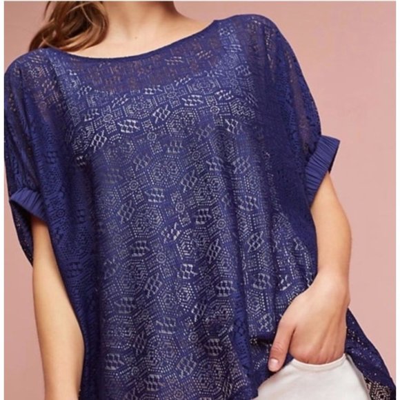 Anthropologie Akemi + Kin Mesh Navy Blue Crochet Top Elastic Sleeve XS/S $68 New - Picture 1 of 10